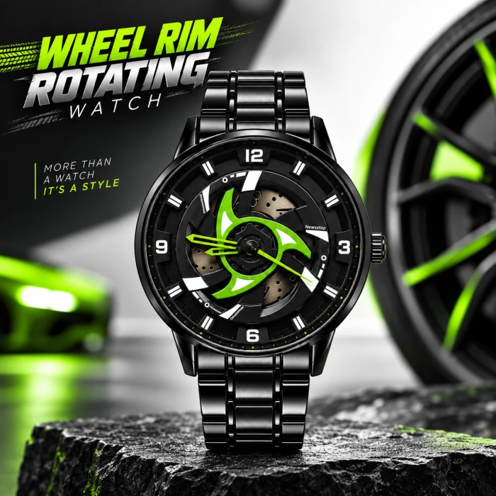 360° Rotating Car Wheel Rim Quartz Watch – Matte Black Metal Sports Wristwatch, 3D Alloy Rim & Brake Disc Dial, Stainless Steel Strap & Scratch-Resistant Glass for Men (Copy) (Copy) (Copy)