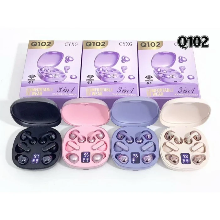 Q102 3-in-1 3Pairs Wireless Bluetooth Earbuds 6 Earphones Clip on & in Ear TWS Headphones HD Digital Display Voice Control Waterproof